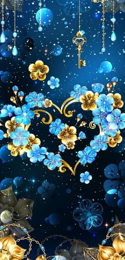 Elegant blue and gold floral heart wallpaper.