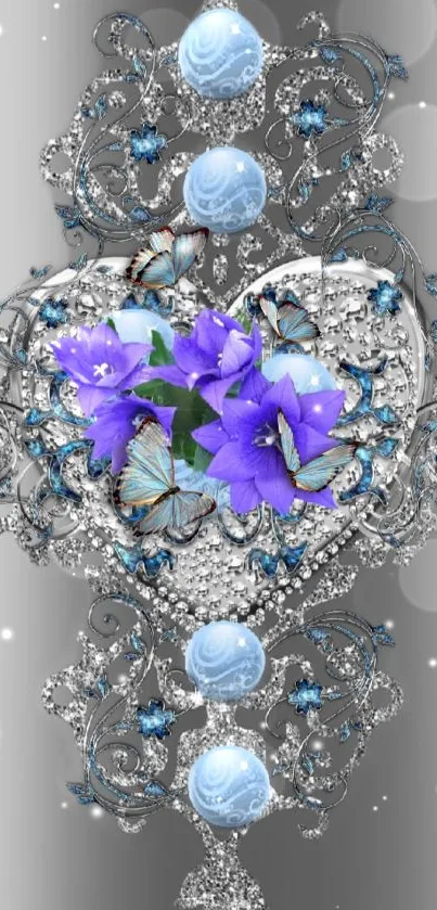 Intricate floral heart with blue butterflies on elegant wallpaper.