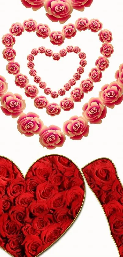 Mobile wallpaper with red rose heart designs and floral patterns.