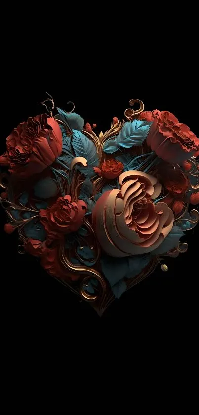 Intricate floral heart design with roses on black background wallpaper.