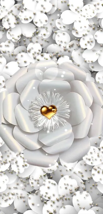 Elegant white floral wallpaper with gold heart centerpiece.