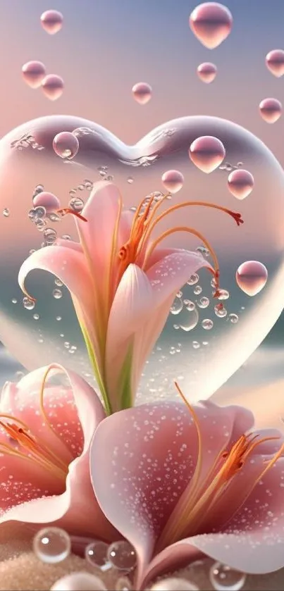 Elegant pink lilies in a heart-shaped bubble, creating a romantic mobile wallpaper.