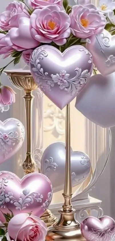 Elegant wallpaper with floral hearts and pink roses.