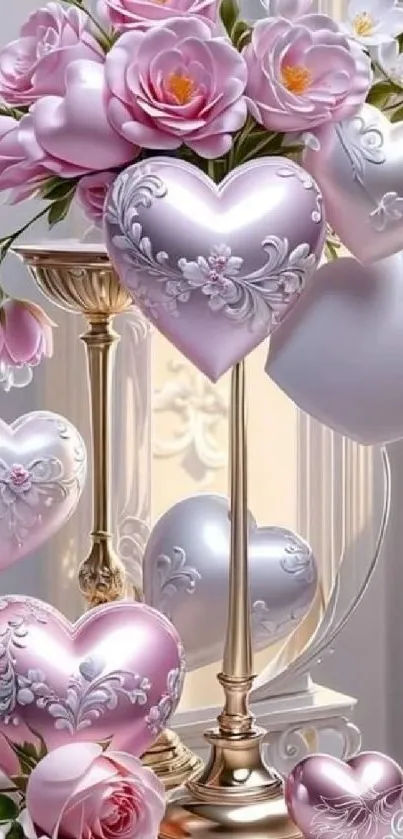 Mobile wallpaper with ornate pink hearts and roses.