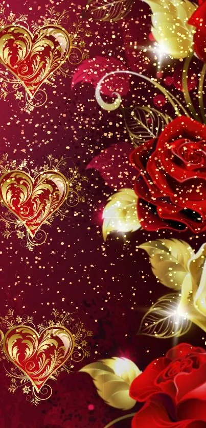 Beautiful deep red wallpaper with roses and golden hearts.