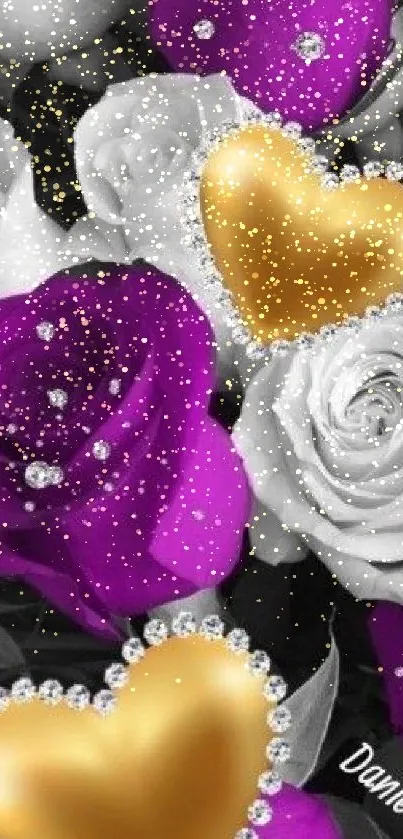 Mobile wallpaper with purple roses and golden hearts.