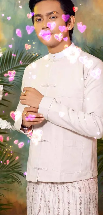 Person in white outfit with pink hearts and floral background.