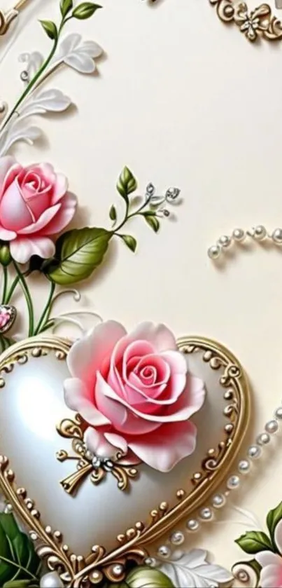Floral heart design with pink roses and decorative elements.