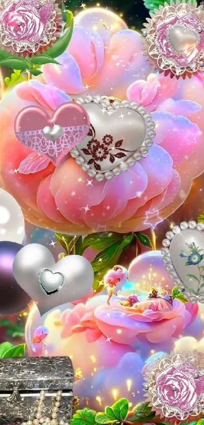 Floral heart wallpaper with pink roses, pearls, and shimmering heart designs.