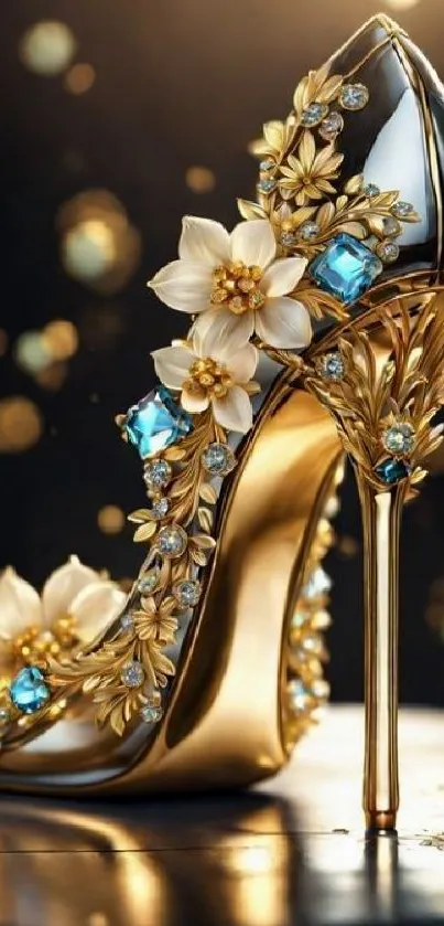 Luxurious gold stiletto with floral designs and jewels.