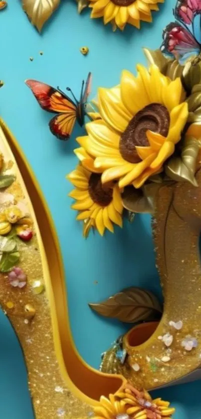 Elegant gold heels adorned with sunflowers and butterflies on a blue backdrop.