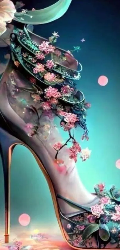 Elegant high heel with intricate floral designs on mobile wallpaper.