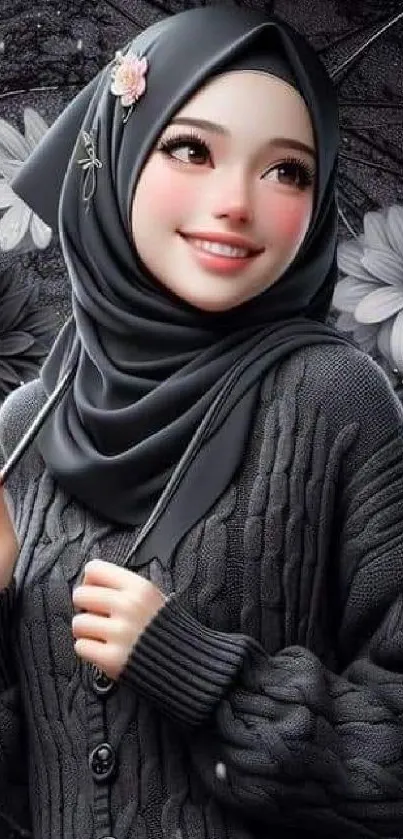 Black hijab with floral design on mobile wallpaper.