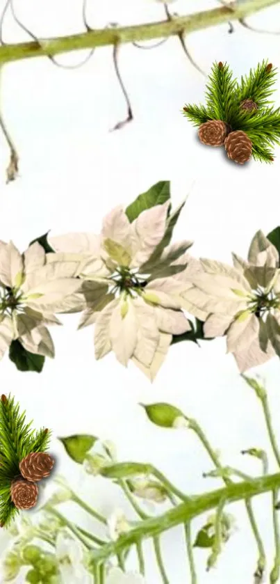 Floral holiday wallpaper with poinsettias and pinecones.