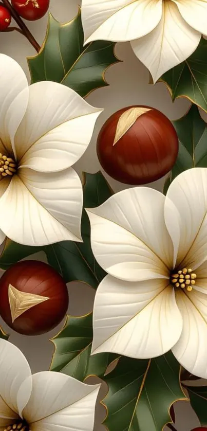 Holiday-themed floral wallpaper with white blooms and red accents.