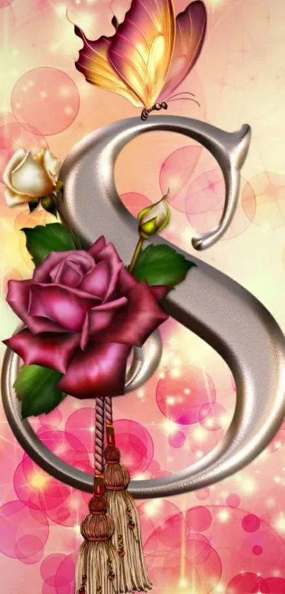 Floral letter S with roses and butterfly on pink bokeh background.