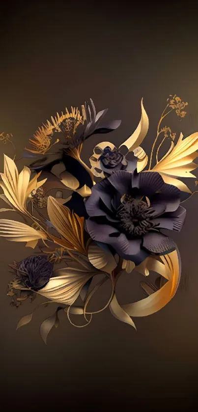 Artistic floral wallpaper with dark and gold tones for mobile.