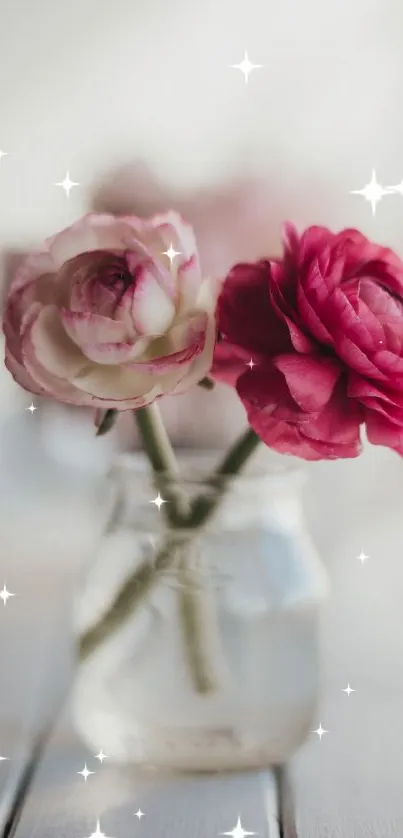 Elegant pink and white flowers in a jar on wood surface.