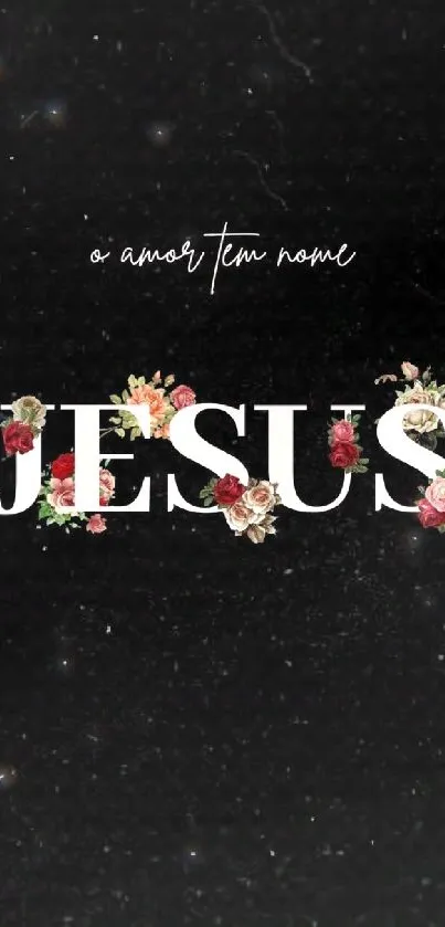 Elegant 'Jesus' wallpaper with floral accents on a black background.