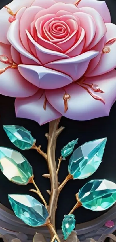 Artistic pink rose with jewel leaves on a dark background.