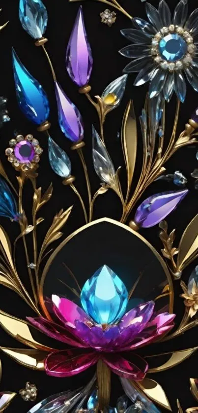 Elegant floral design with jewel tones on black background.