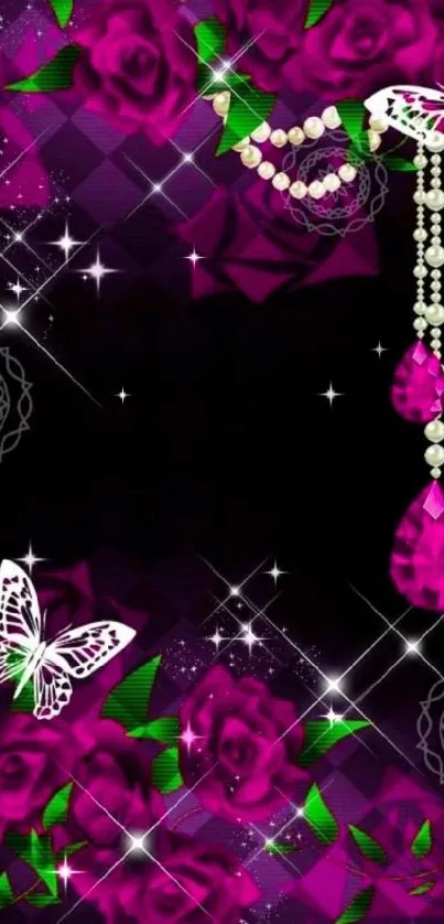 Elegant purple floral wallpaper with jewels and butterflies.