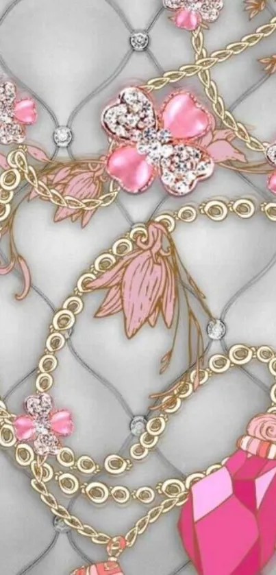 Elegant floral and jewel-themed mobile wallpaper with pink accents.