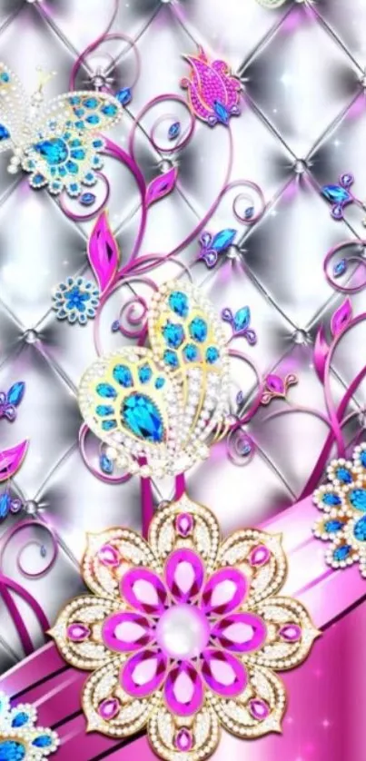 Elegant pink floral wallpaper with jewels and butterflies.