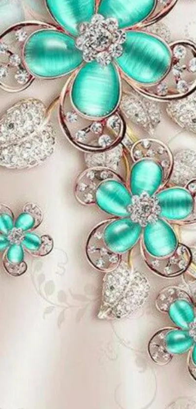 Elegant turquoise floral jewel wallpaper with crystal details.