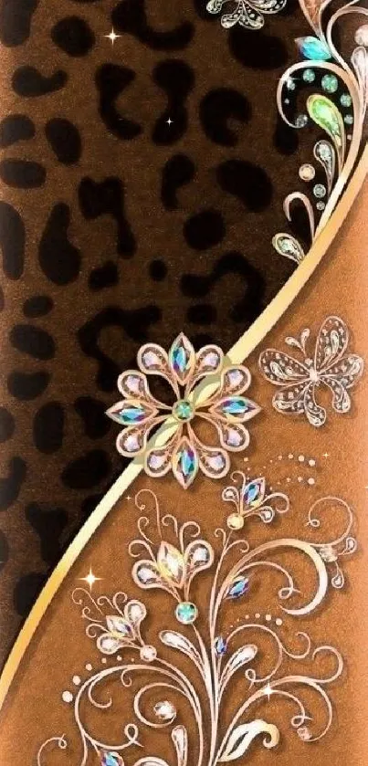 Elegant phone wallpaper with floral jewel and leopard print.