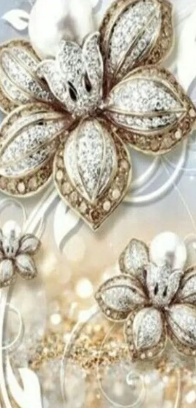 Elegant floral jewelry design mobile wallpaper with sparkle and gold accents.