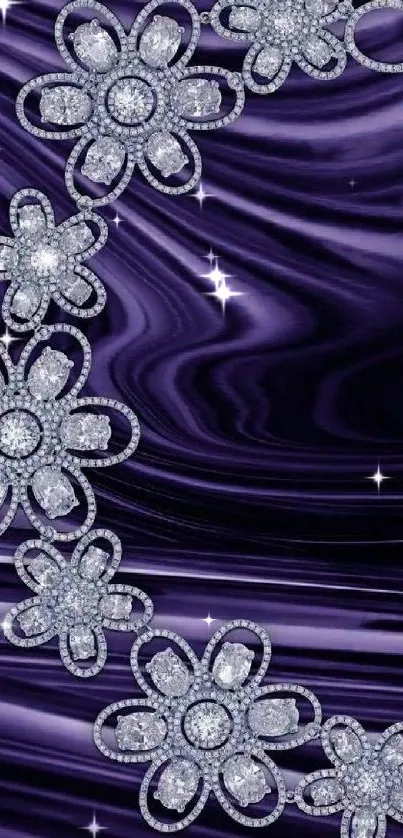 Floral jewelry on purple silk wallpaper with sparkling flowers.