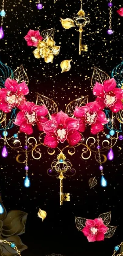 Elegant floral and key design mobile wallpaper.