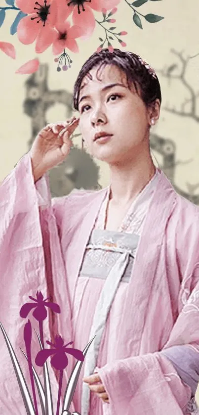 A woman in a pink floral kimono with artistic floral background.