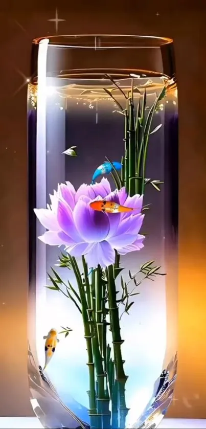 Elegant glass vase with koi fish and bamboo, featuring a purple lotus flower.