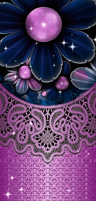 Elegant dark blue flowers and pink lace wallpaper.