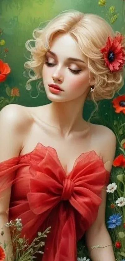 Elegant portrait of a woman in a red dress with flowers.
