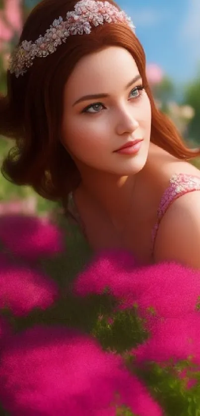 Elegant woman among vibrant pink flowers in a serene garden setting.