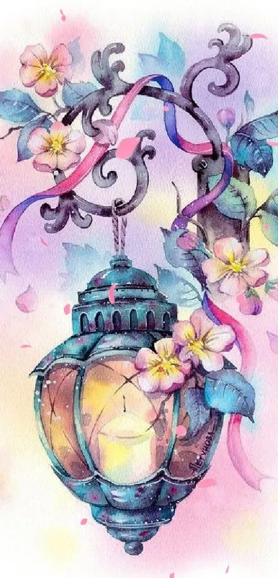 Elegant watercolor lantern with floral decorations.