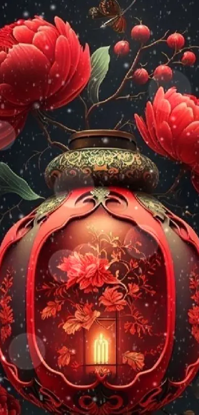 Elegant floral lantern with red peonies and glowing candlelight.