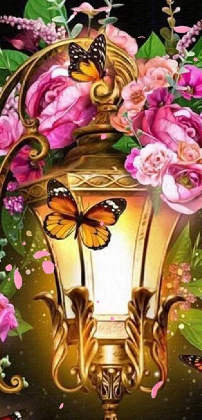 Elegant lantern surrounded by butterflies and pink flowers.