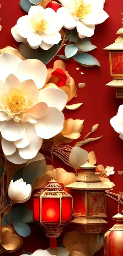 Elegant floral and lantern design on red background.