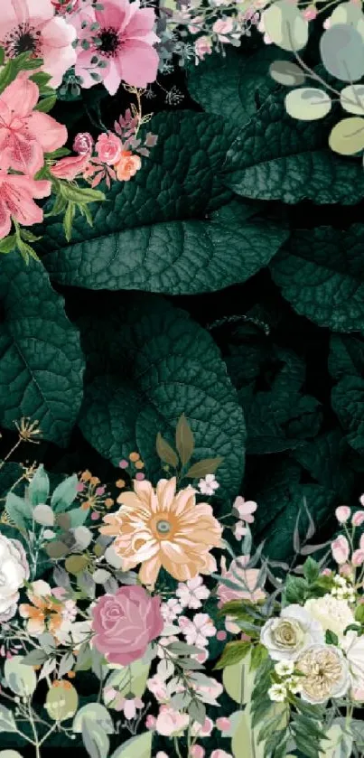 Floral wallpaper with dark green leaves and vibrant flowers.