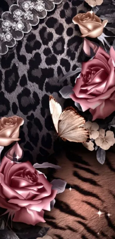 Chic mobile wallpaper with roses and leopard design.