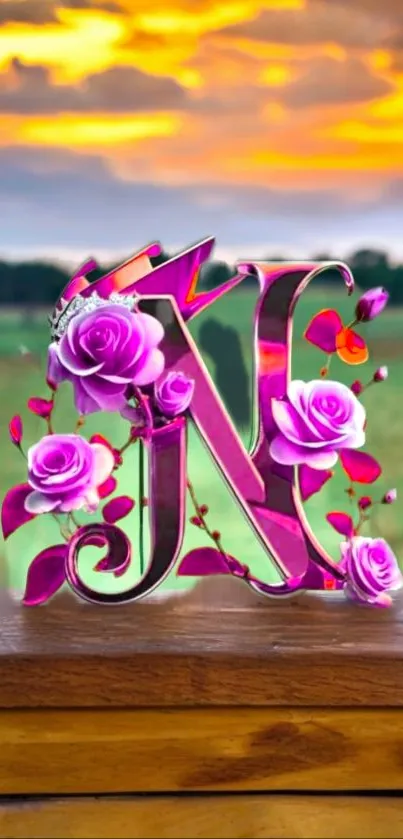 Floral letter 'N' with sunset background wallpaper.