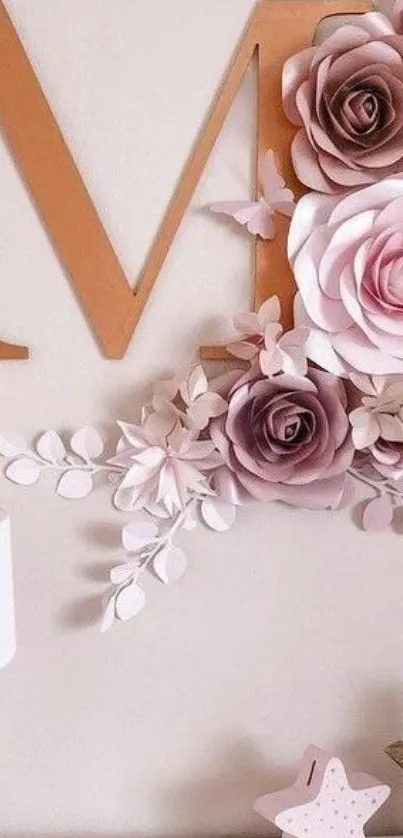 Elegant paper floral wallpaper with letter 'M' design.