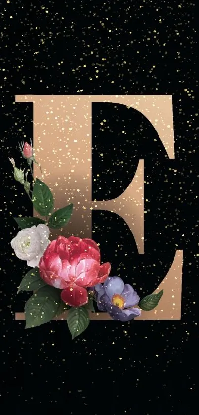 Elegant floral letter 'E' on black background with vibrant flowers.