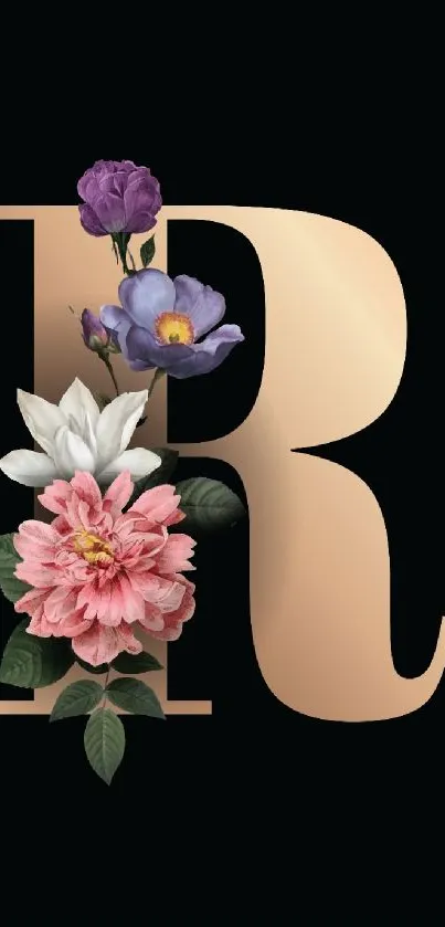 Golden letter R with vibrant flowers on black background.