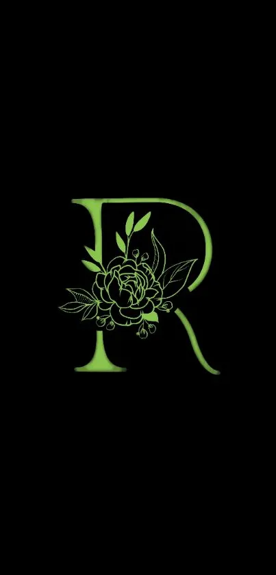 Floral letter R with a green design on black background.