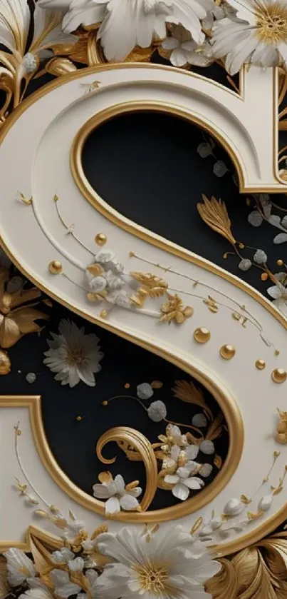 Floral letter S with gold accents and white flowers on dark background.